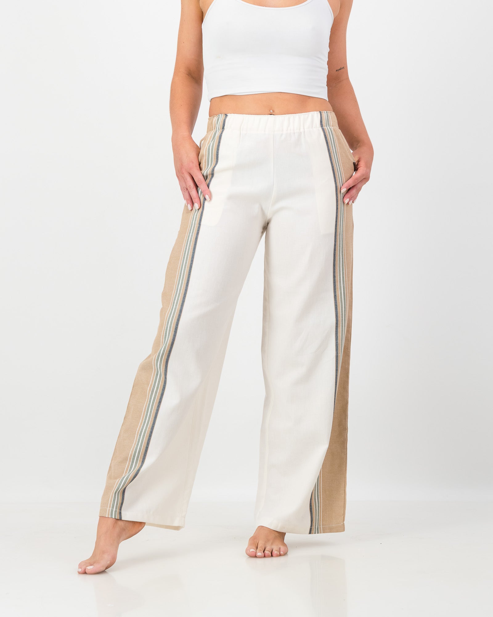 The Kikoy Side-Stripe Trousers – Cream and Tanned